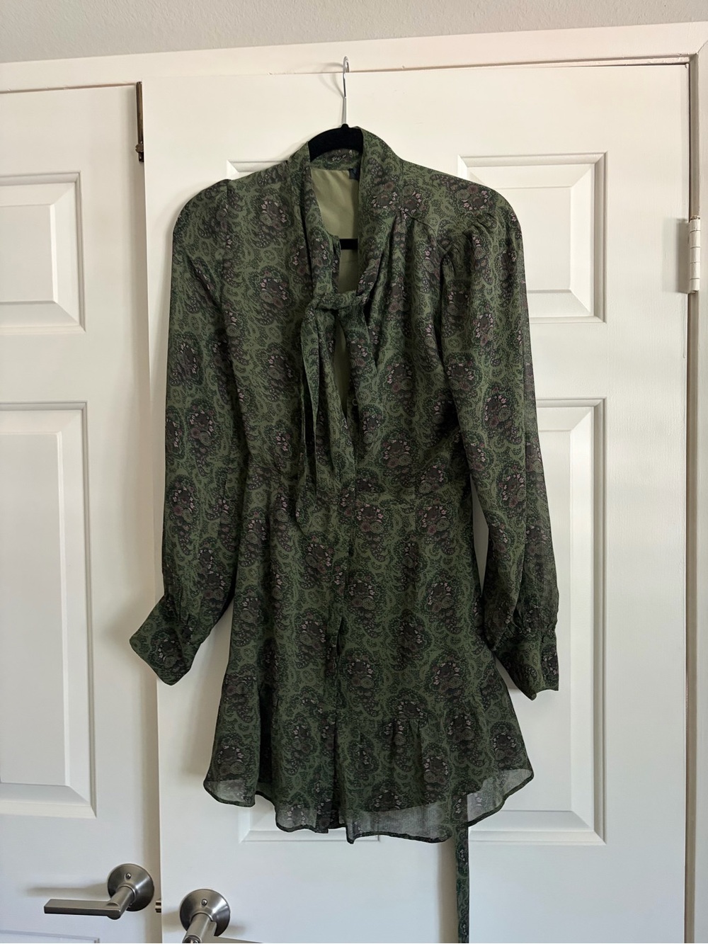 Paige Green Paisley Tie-Neck Long Sleeve Dress